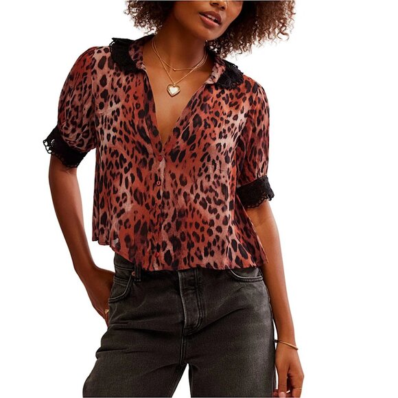 Free People My Love Leopard Print Blouse Top XS Lace Trim Cropped Black Brown - Picture 1 of 10